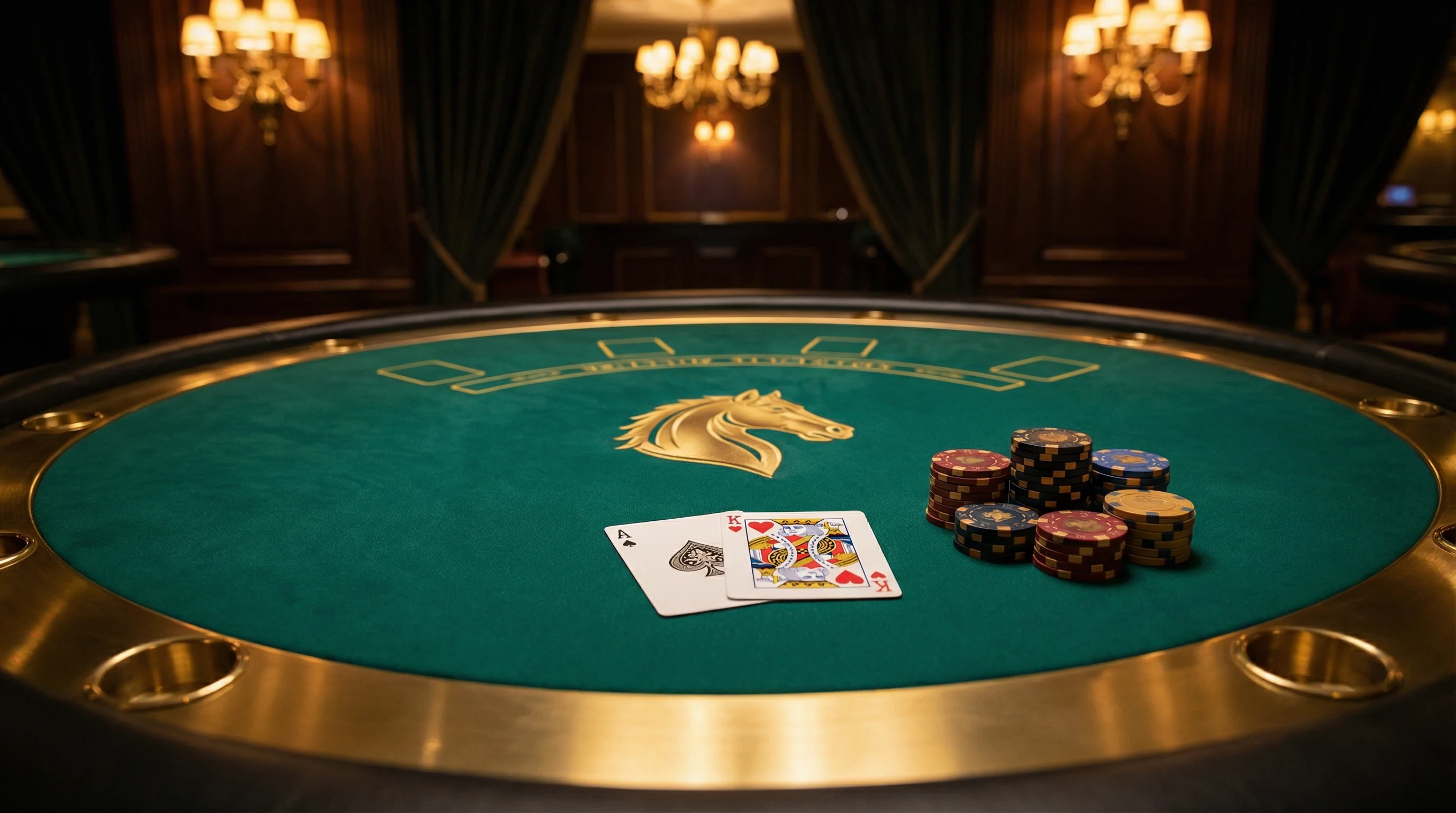 Mesa de blackjack elegante com cartas e fichas no luckbet